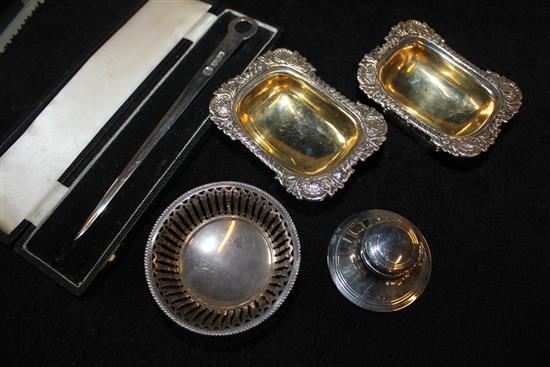 Silver letter opener, inkwell, dish & pair of salts